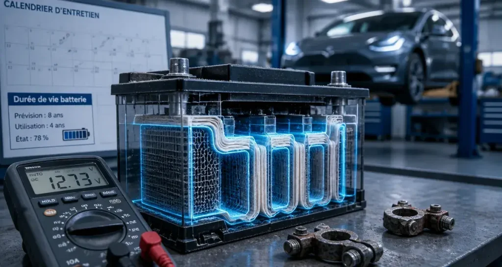 Durée de vie batterie voiture : batterie et multimètre en atelier