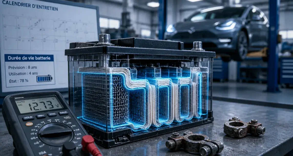 Durée de vie batterie voiture : batterie et multimètre en atelier