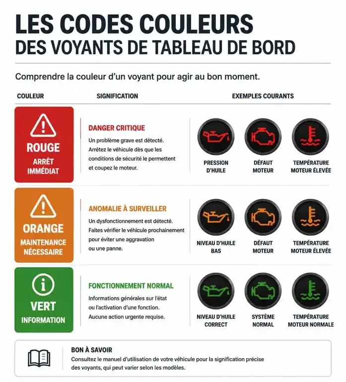 Infographie des voyants de tableau de bord : signification des couleurs et symboles pour la sécurité routière