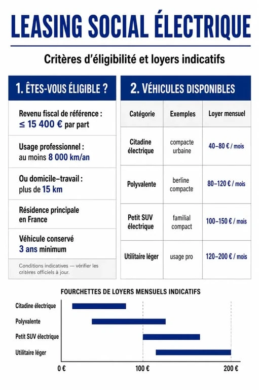 Infographie récapitulative des conditions et tarifs du leasing social pour voiture électrique en France