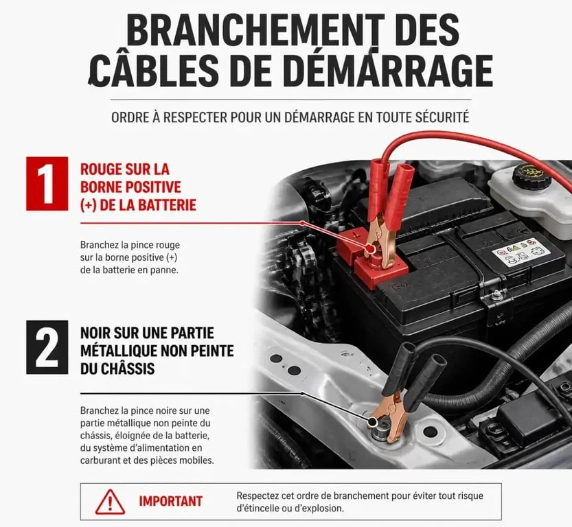 Schéma des étapes de branchement pour recharger une batterie de voiture en toute sécurité