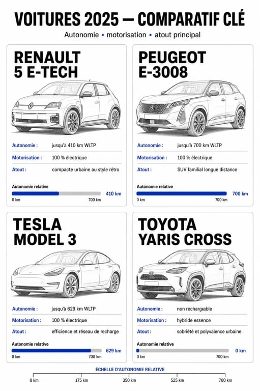 Comparatif des meilleures voitures 2025 : Renault 5, Peugeot E-3008, Tesla Model 3 et Toyota Yaris Cross