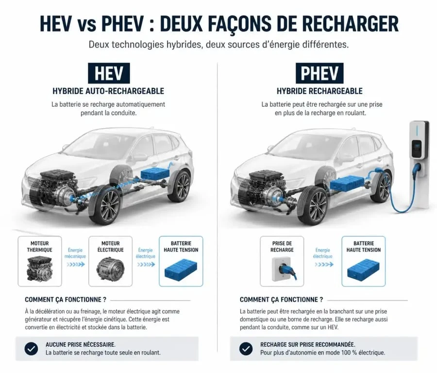 Infographie comparative : fonctionnement de la recharge d'une voiture hybride classique HEV vs hybride rechargeable PHEV