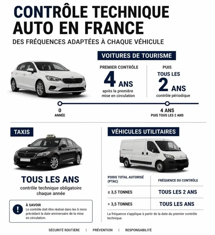 Infographie récapitulative des fréquences du contrôle technique annuel et bisannuel pour les voitures en France