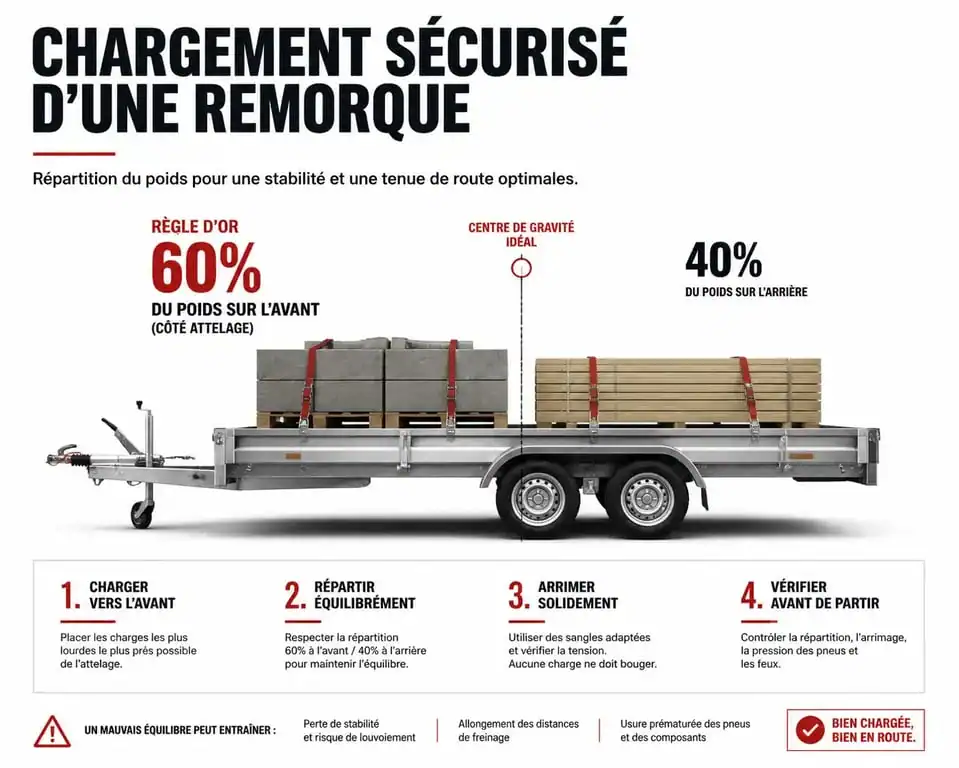 Infographie sur le chargement sécurisé et la location de remorque Leclerc