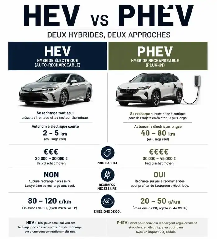 Infographie comparative entre voiture hybride classique et hybride rechargeable pour comprendre la différence entre hybride et hybride rechargeable