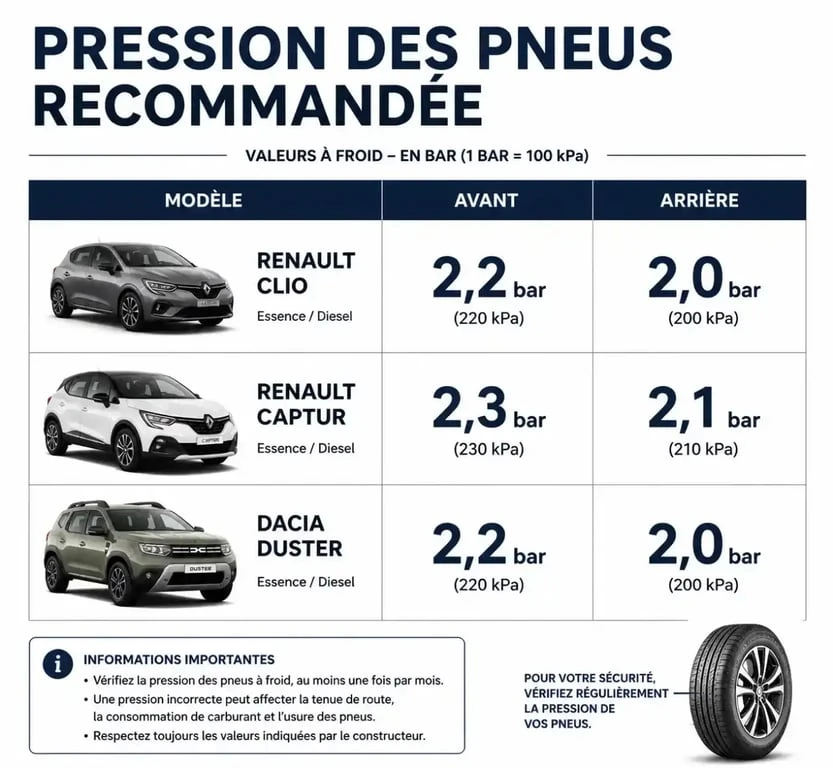 Tableau des pressions de pneus recommandées pour Renault et Dacia pour le contrôle TPW