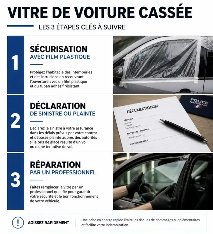 Infographie des étapes à suivre en cas de vitre cassée voiture : sécurisation, déclaration et réparation