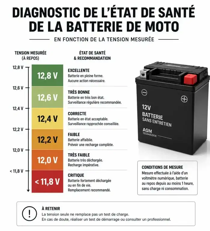 Infographie sur la durée de vie batterie moto et diagnostic de tension