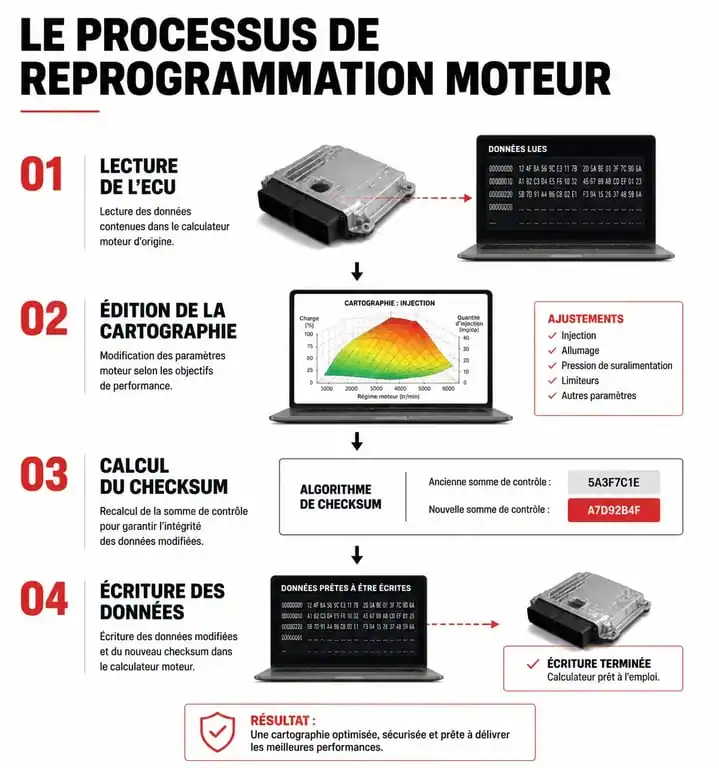Schéma du processus de reprogrammation moteur avec logiciel spécialisé