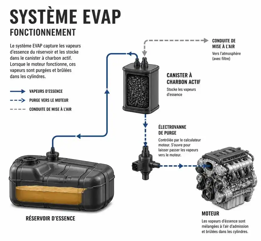Schéma de fonctionnement du canister voiture et du système EVAP