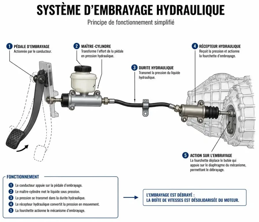 Schéma de fonctionnement d'un système d'embrayage hydraulique pour diagnostiquer un problème d'embrayage hydraulique