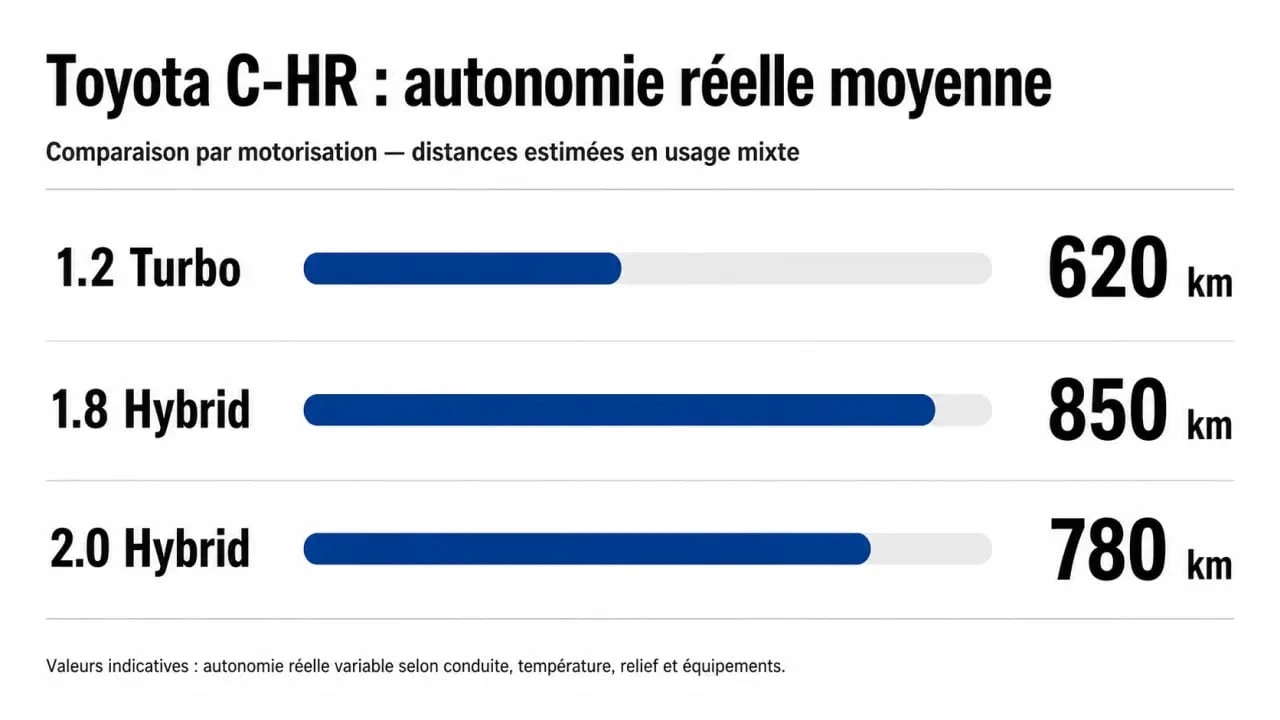 Infographie comparant l'autonomie réelle en kilomètres par plein pour les modèles Toyota C-HR 1.2 Turbo, 1.8 Hybrid et 2.0 Hybrid