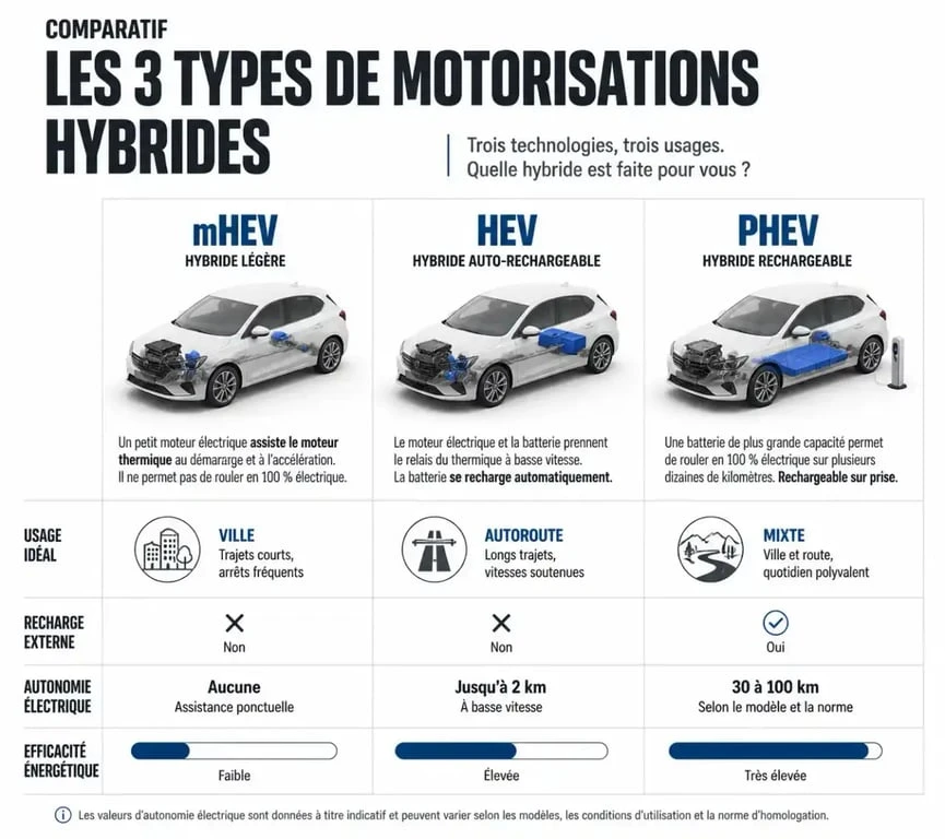 Infographie comparative des technologies de voitures hybrides mHEV, HEV et PHEV pour savoir quelle hybride choisir