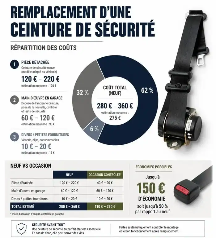 Infographie des coûts de remplacement d'une ceinture de sécurité : pièce, main-d'œuvre et options