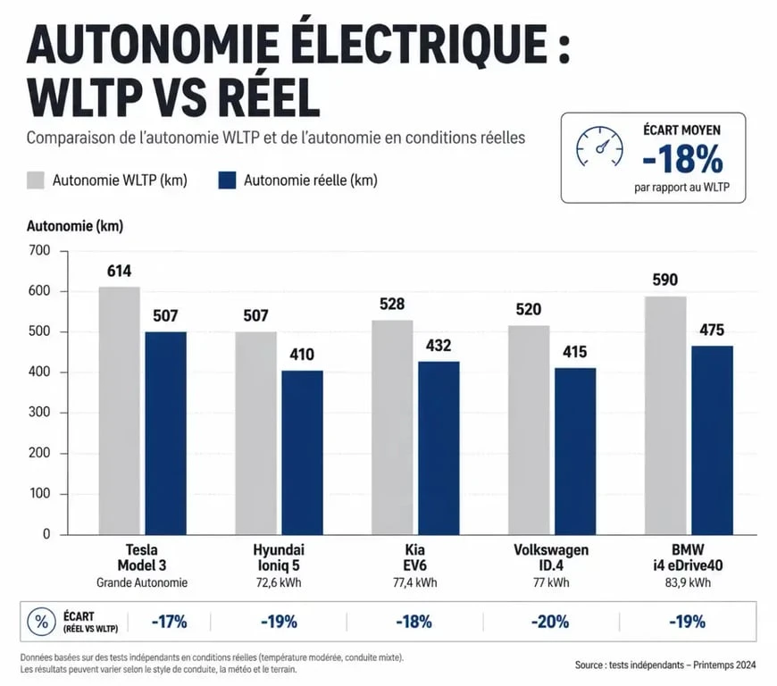 Comparatif visuel de l'autonomie WLTP et réelle des voitures électriques les plus populaires