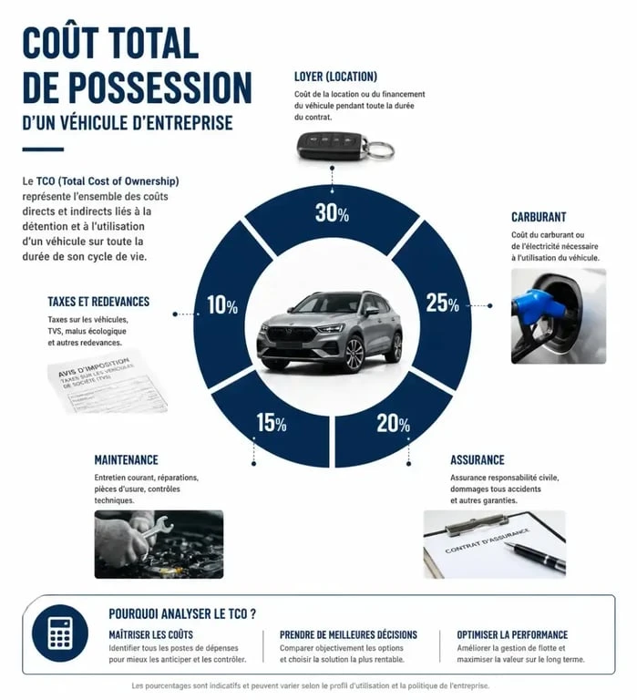 Infographie des composantes du coût total de possession TCO pour la gestion de flotte automobile