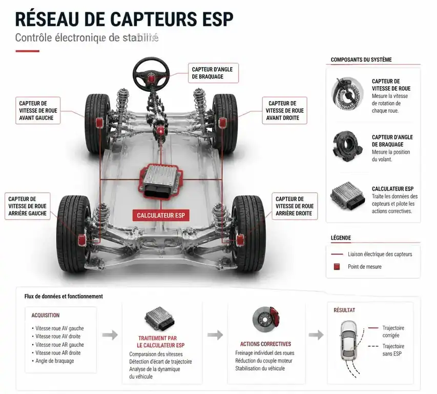 Schéma explicatif du fonctionnement et des capteurs du système ESP pour le diagnostic entretien ESP