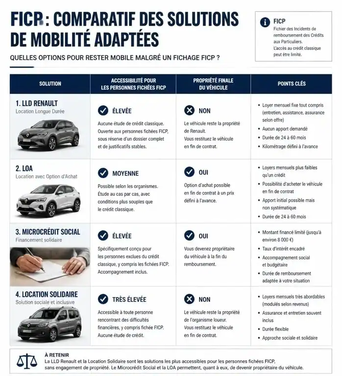 Infographie comparative des solutions de mobilité pour obtenir une LLD Renault malgré un fichage FICP