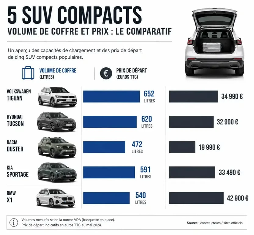 Comparatif visuel des meilleurs SUV compacts : volume de coffre et prix indicatif