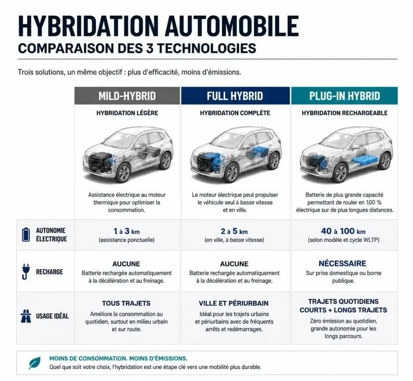 Infographie comparative des types de fonctionnement voiture hybride : mHEV, HEV et PHEV