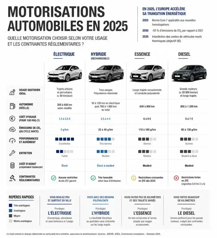 Infographie comparative des motorisations automobiles 2025 pour choisir son véhicule selon son usage