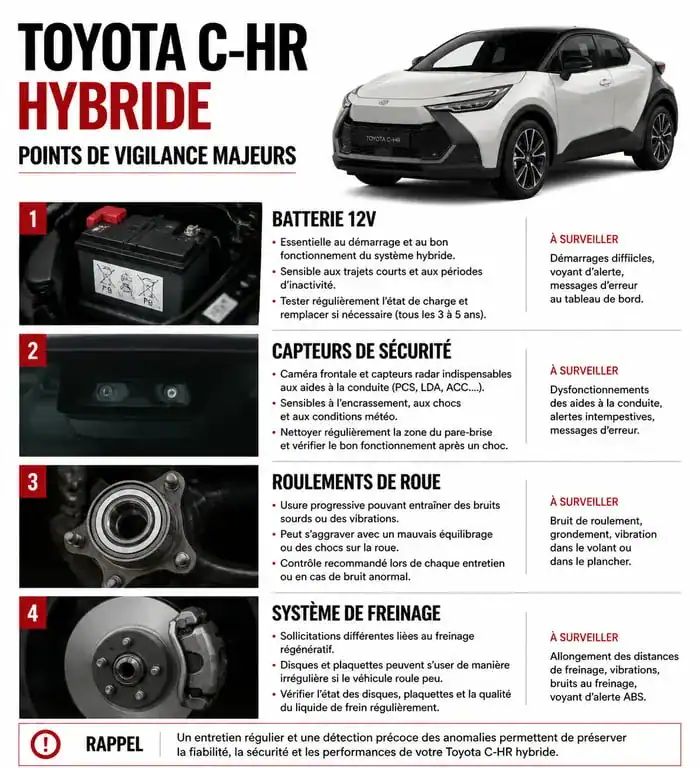 Infographie des points de vigilance et problèmes courants du Toyota C-HR hybride