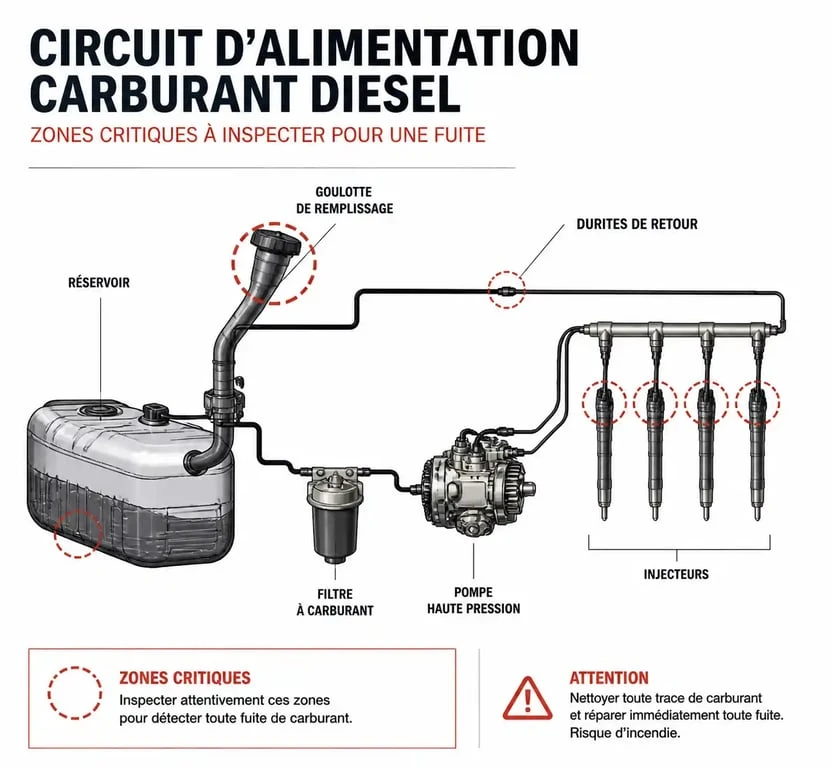 Schéma des points de contrôle pour une odeur de gasoil à l'extérieur de la voiture