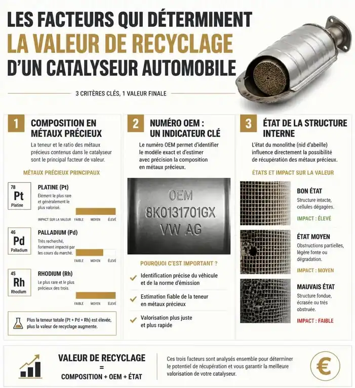 Infographie expliquant les facteurs de prix d'un catalyseur automobile pour la revente et le recyclage