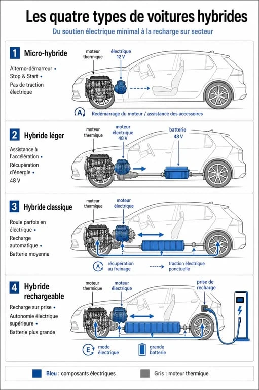 Schéma explicatif des différents types de voitures hybrides et leur fonctionnement technique