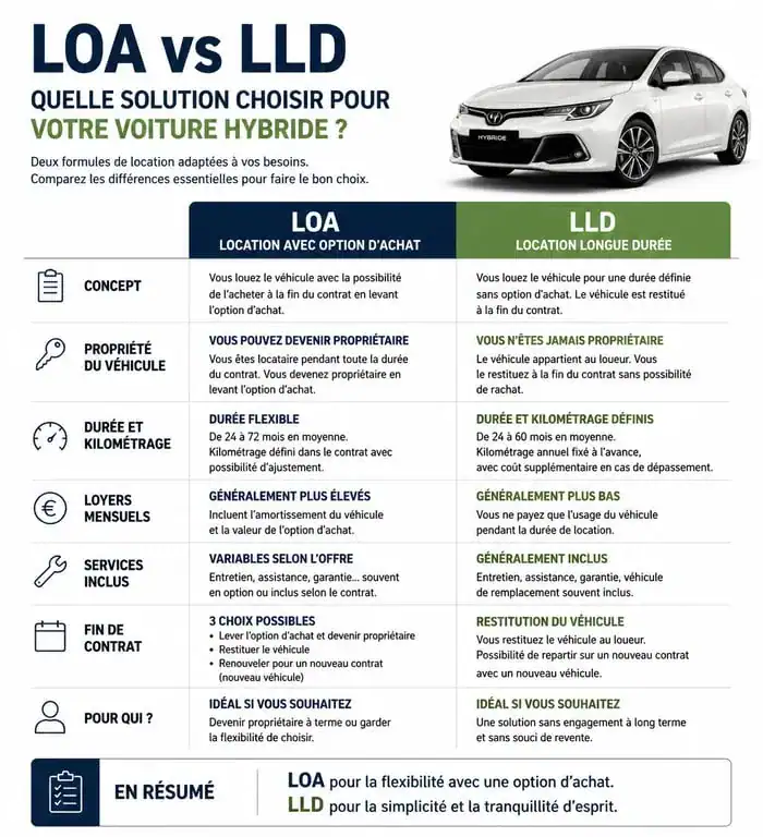 Comparatif des options de leasing voiture hybride entre LOA et LLD
