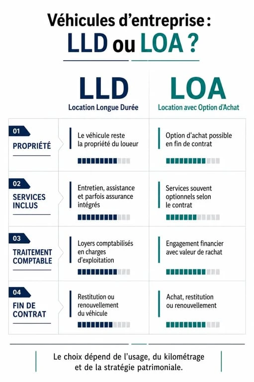 Infographie comparative des solutions de leasing voiture professionnel LLD vs LOA