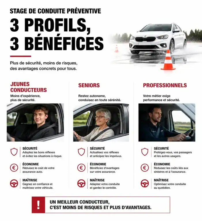 Infographie des bénéfices d'un stage de conduite préventive pour différents profils de conducteurs