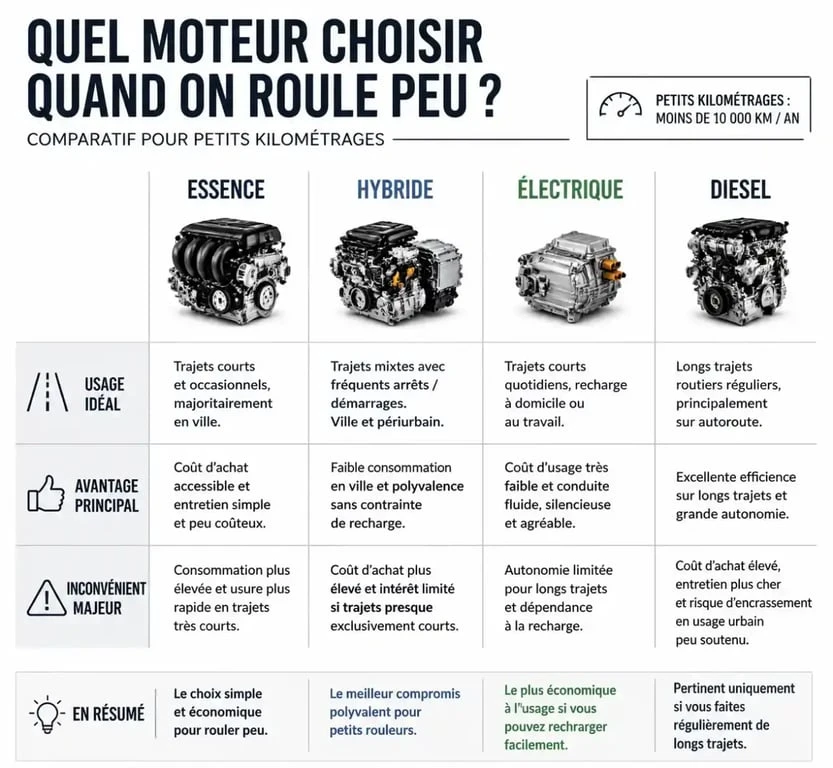 Infographie comparative des motorisations pour choisir sa voiture quand on roule peu : essence, hybride, électrique et diesel.