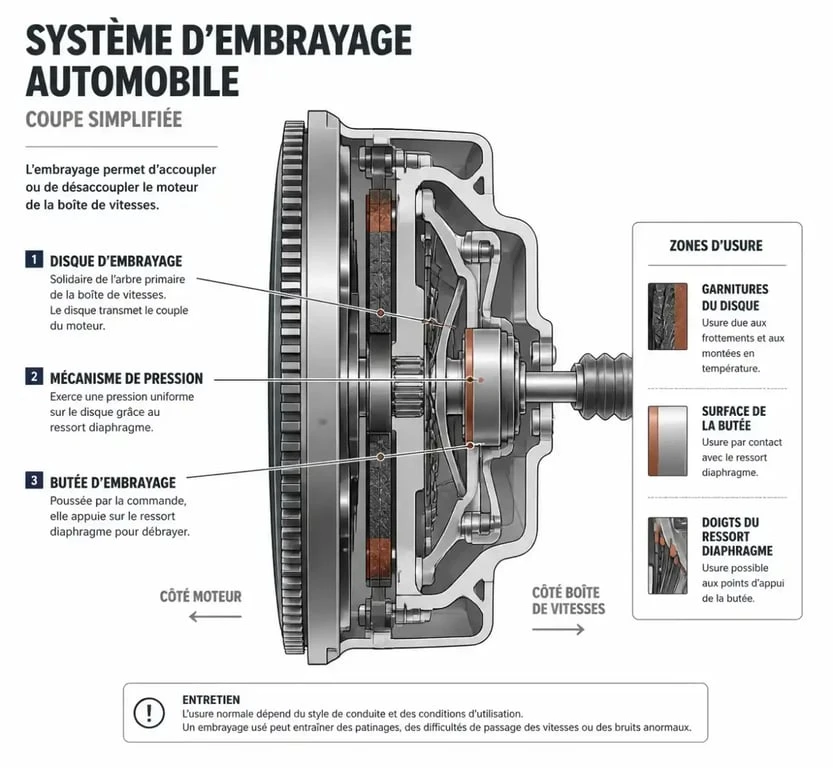 Schéma technique d'un système d'embrayage automobile pour comprendre l'origine du voyant embrayage