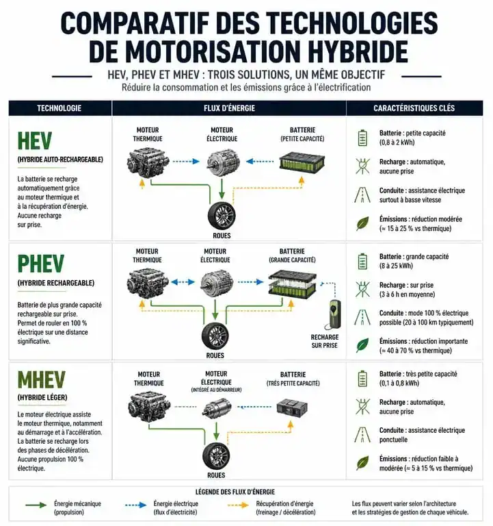 Comparatif des technologies hybrides HEV, PHEV et MHEV pour choisir la meilleure voiture hybride