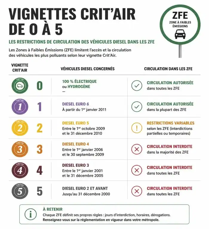Infographie des vignettes Crit'Air et restrictions de circulation pour les voitures diesel interdites en 2024