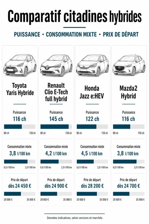 Comparatif des meilleures citadines hybrides : Toyota Yaris, Renault Clio, MG3 et Peugeot 208