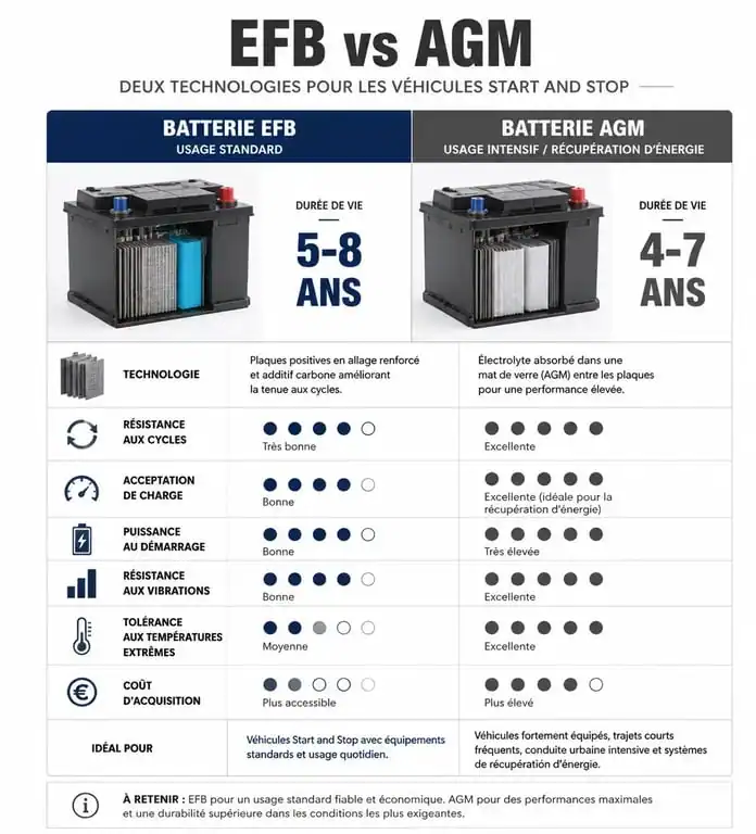Comparatif des durées de vie entre batteries EFB et AGM pour système Start and Stop