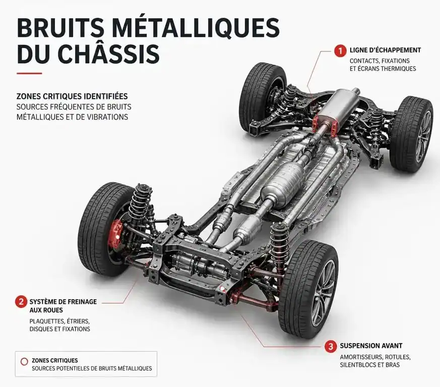 Schéma des zones à vérifier pour un bruit métallique sur une voiture