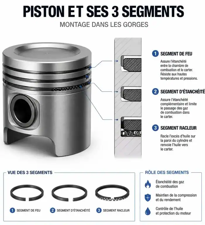 Schéma technique d'un piston et de sa segmentation moteur pour comprendre le fonctionnement des segments