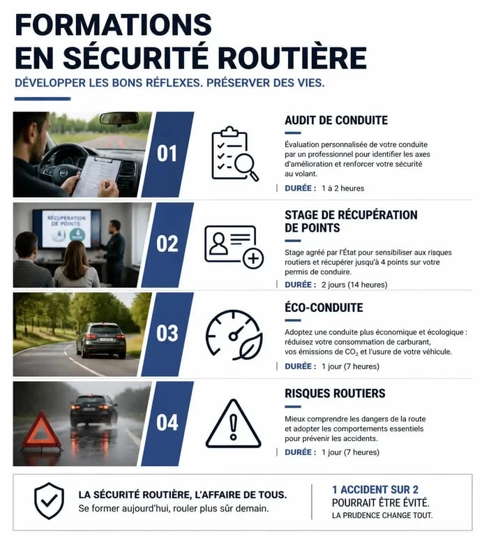 Infographie récapitulative des formations en sécurité routière : audit, récupération de points et éco-conduite.