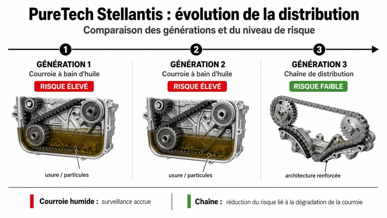 Infographie comparative des générations de moteur PureTech et risques de fiabilité pour voiture PureTech