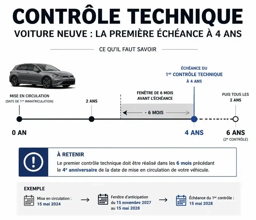 Infographie illustrant le calendrier du contrôle technique pour voiture neuve