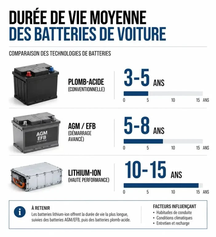 Infographie comparative de la durée de vie batterie voiture selon la technologie
