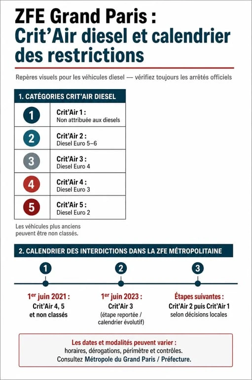 Tableau récapitulatif des catégories Crit'Air et calendrier d'interdiction des voitures diesel à Paris