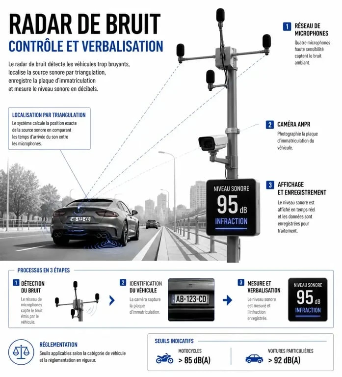 Schéma technique du fonctionnement du radar sonore Hydre pour le contrôle des nuisances sonores routières