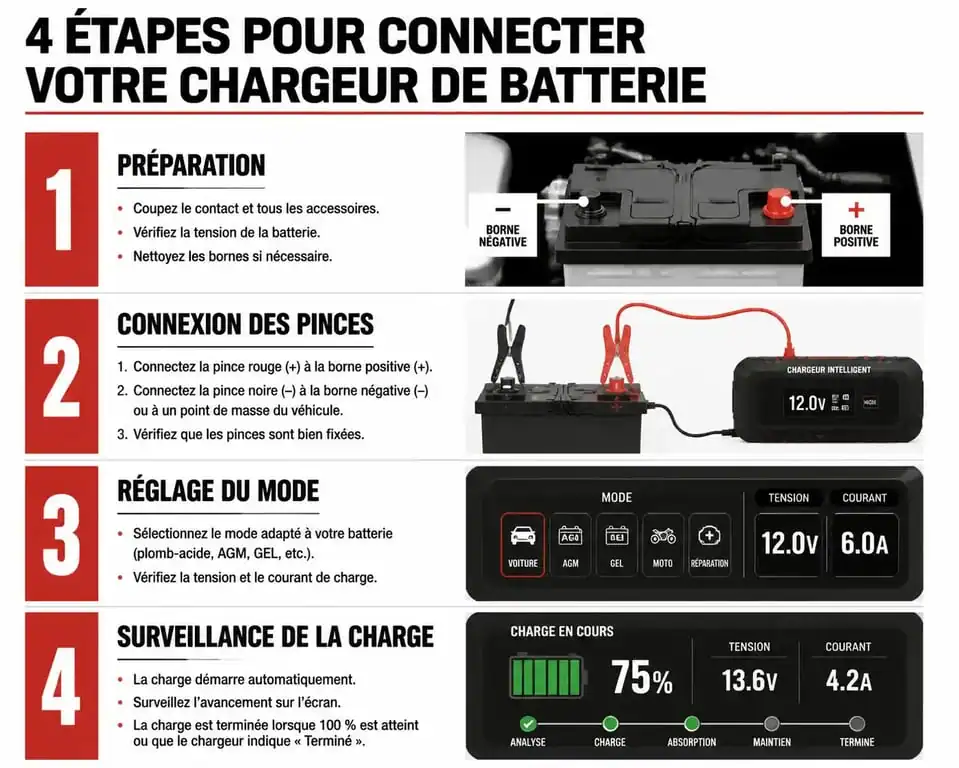Schéma explicatif des 4 étapes pour utiliser le meilleur chargeur batterie voiture en toute sécurité