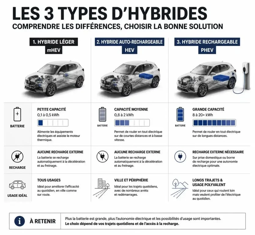 Infographie comparative des types de voitures hybrides : mHEV, HEV et PHEV pour choisir son comparateur voiture hybride