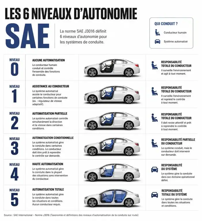 Infographie des 6 niveaux de conduite autonome SAE, de l'assistance au conducteur à l'autonomie totale.